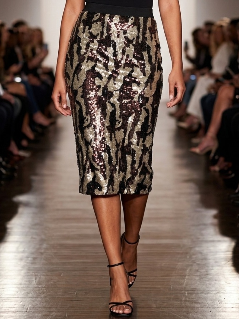 Le Superbe Liza Sequin Pencil Midi Skirt in Gold and Black (D2)